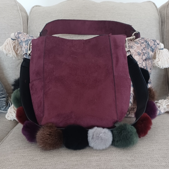 Unbranded Handbags - Purple Suede Shoulder Bag with Pom-Pom Strap